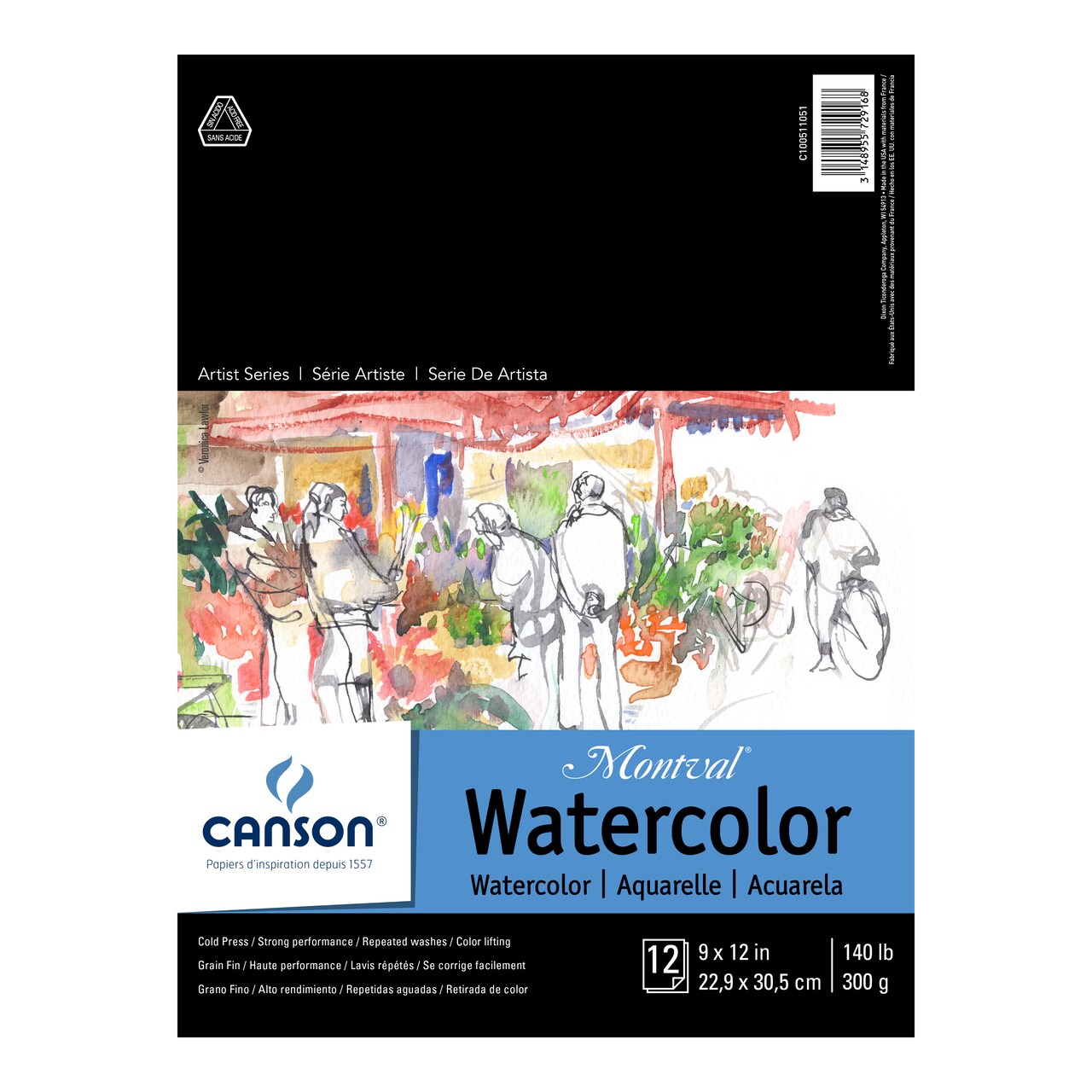 Canson - Artist Series Montval Watercolor Block, Field Sketch Book & Pad - Tape-Bound Pad (12 Sheet) - 9" x 12"
